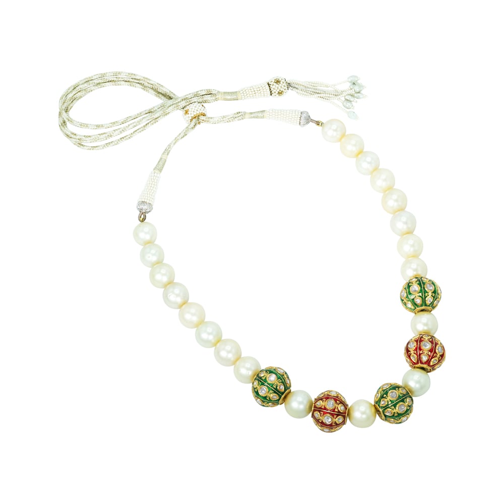 South Sea Pearl Necklace with Polki Red and Green Enamel Beads